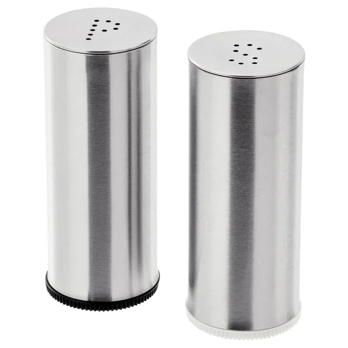 Close-up of IKEA PLATS salt and pepper shakers.