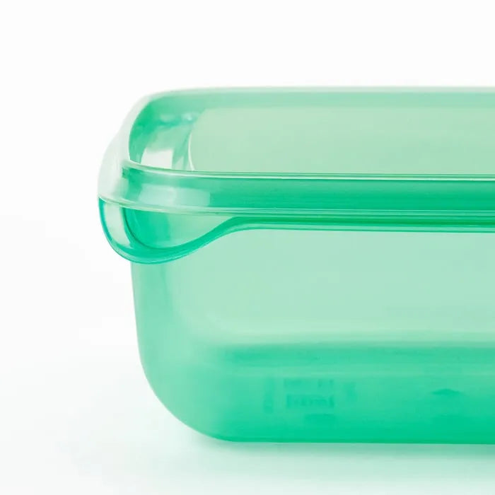 IKEA PRUTA food container set of 17 green with lids closeup.