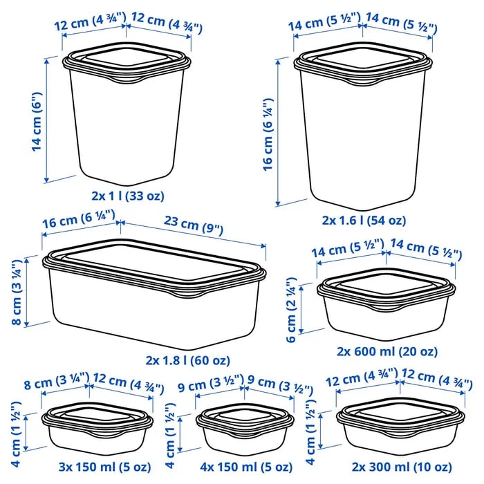 IKEA PRUTA food container set of 17 green with lids dimensions.