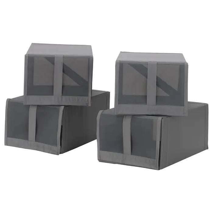 IKEA SKUBB dark grey shoe box pack of 4, 22x34x16 cm for wardrobe storage.