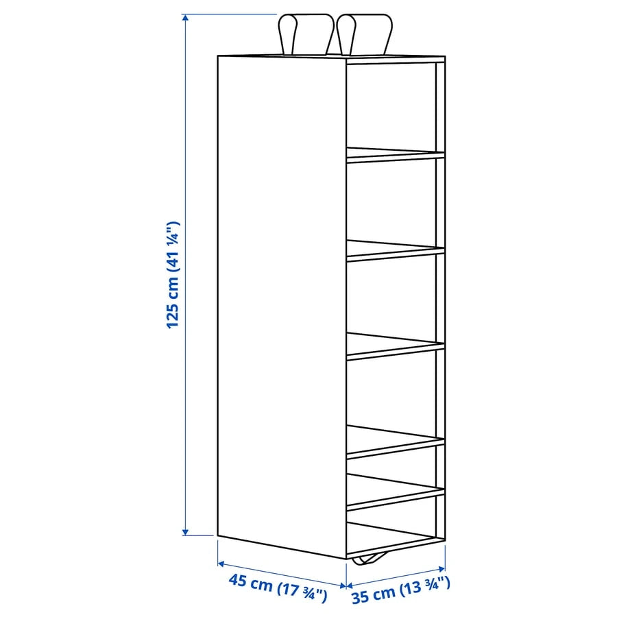Dimensions of IKEA SKUBB storage organiser with six compartments in white and dark grey