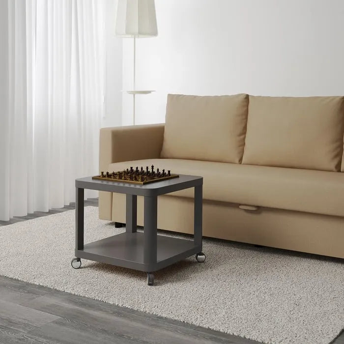 IKEA TINGBY grey side table with castors for small spaces.