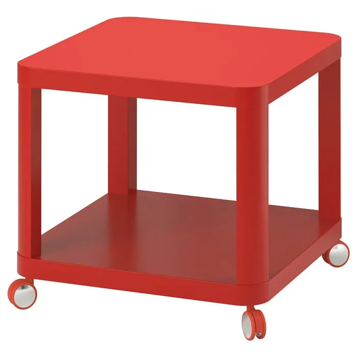 IKEA red rolling side table TINGBY series with castors.