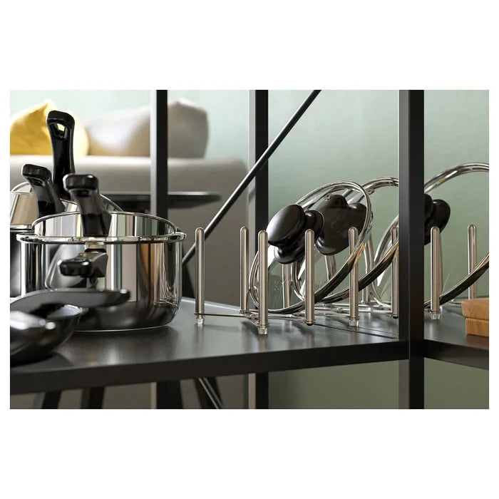 IKEA VARIERA pot lid organiser used in modern kitchen.