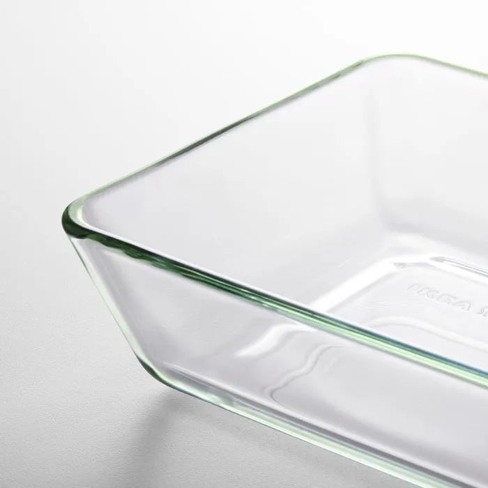 Close-up of clear glass IKEA MIXTUR oven dish